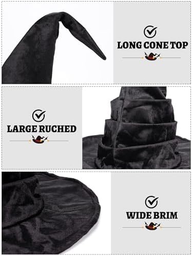 Ultrafun Women's Large Ruched Witch Hat Halloween Black Witch Wizard Hat Costume Accessory Adult