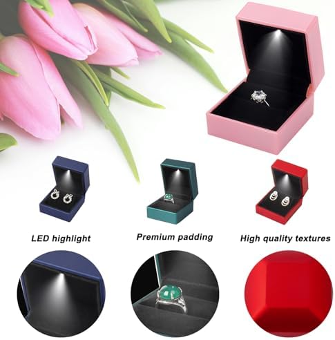 Ring Box Square Shaped LED Light Engagement Ring Boxes Jewelry Gift Box for Proposal Wedding Valentine's Day Anniversary Christmas Mothers Thanksgiving Gift (Square Dark Blue)