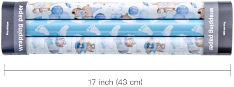 WRAPAHOLIC Bear Baby Shower Wrapping Paper - Mini Roll - 3 Rolls - 17 Inch x 120 Inch - Adventure Bear in Airplane and Party Design for Baby Shower, Boy Birthday