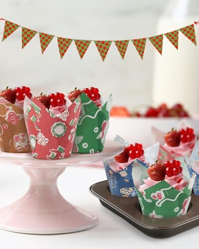 Bake Choice 200 Pcs Christmas Tulip Cupcake Liners with 24 Pcs Cupcake Toppers, Cupcake Liners, Tulip Cupcake Liners for Baking, Standard Tulip Muffin Liners for Christmas Holiday