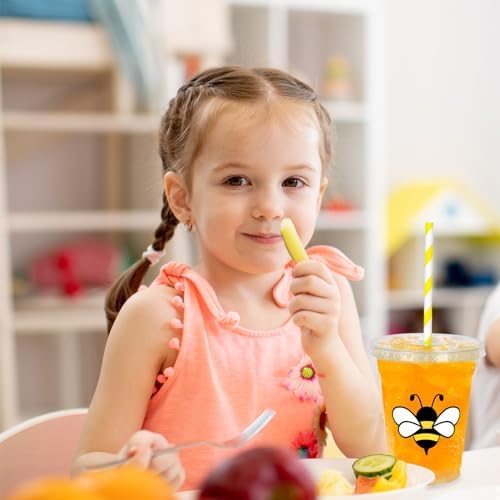 Whaline 50Pcs Bee Disposable Plastic Cups With Lids and Straws 12 Oz Cute Bee Cold Beverage Drinking Cups for Baby Shower Birthday Party Supplies