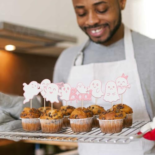 Rsstarxi 24 Pack Halloween Ghost Cupcake Toppers Glitter Pink Ghost Cupcake Picks Decorations for Happy Boo Day Birthday Baby Shower Halloween Party Cake Decorations Supplies