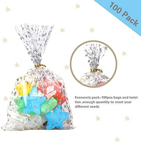 100 Pcs Star Printed 5"X 7" Gift Wrap Cello Cellophane Treat Bags Party Favor bags Clear Candy Cookie Bags Plastic Poly Goodie Storage Bags with Twist Ties for Bakery,Birthday, Wedding ,Party Decorations (Silver)