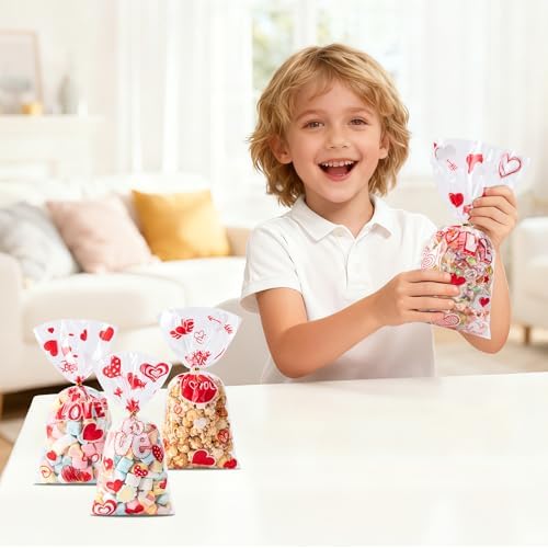 Valentines Cellophane Bags 120pcs Valentines Candy Bags with 140pcs Twists