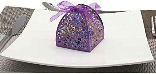 KPOSIYA Pack of 100 Laser Cut Rose Candy Boxes, Favor Boxes 2.5"x 2.5"x 3.1", Gift Boxes Bridal Shower Anniverary Birthday Party Wedding Favor (100,Purple)