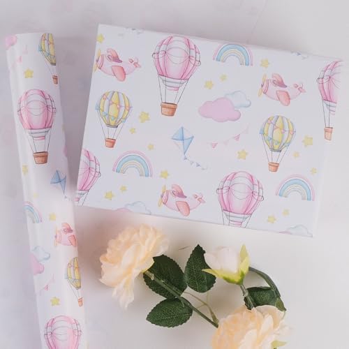 RayofSun Pink Hot Air Balloons Wrapping Paper for Baby Girl - 17 Inch x 32 Feet Mini Rolls Baby Shower Wrapping Paper Roll for Birthday, Girl’s Themed Party Celebrations Gift Wrap