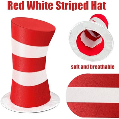 Red and White Striped Top Hat, Adult Standard Size, Cat Hat Costume Halloween Role-Play Party Accessory
