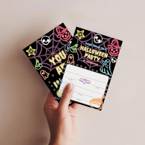 SIXEIGHT Glow Neon Halloween Party Invitations, Cute Ghost Halloween Invitations for Boys Girls, 25 Pack Glow Neon Invite Cards with Envelopes, Wedding Birthday Baby Shower Party Decorations-E08