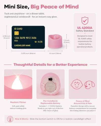 Homemory 24-Pack Pink Flameless Battery Tea Light Candles, 200+ Hours