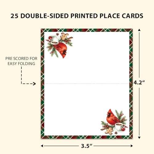 Christmas Place Cards for Table Setting, Cardinal Bird Tent Cards Decor For Bridal Baby Shower Party Reception Decorations, Winter Holiday Placecards, 25 Pack Birthday Food Name Card, 2 x 3.5" /014