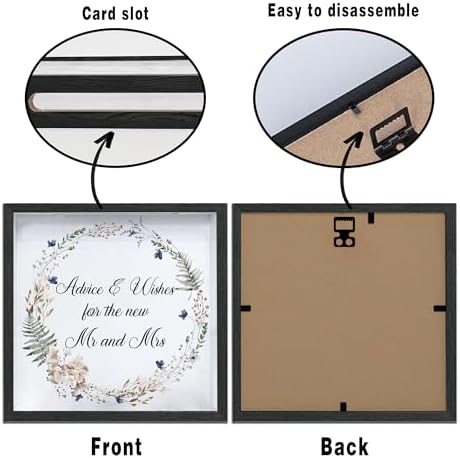 Floral Black Wedding Card Box for Reception with Acrylic Window, 20 Advice and Wishes Card, Remembrance Table Decor for Bridal Shower Engagement Graduation Party Baby Shower, 8 x 8 in