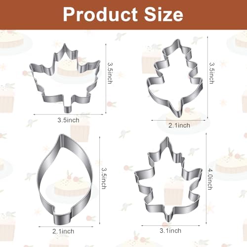 Thinp 4 Pcs Leaf Cookie Cutter Set, Fall Cookie Cutter Stainless Steel Maple, Oak Leaf Shapes Biscuit Molds Holiday Themed Cookies Cutters for Thanksgiving Christmas Birthday Party Decorations