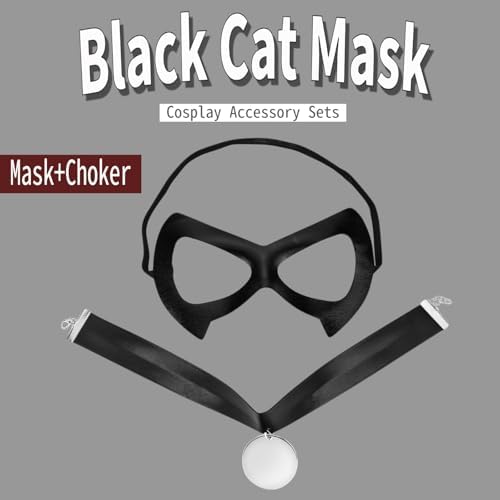 Merroyal Black Cat Eye Half Mask with Choker Set, Halloween Masquerade Costume Accessories, Party Cosplay Dress Up
