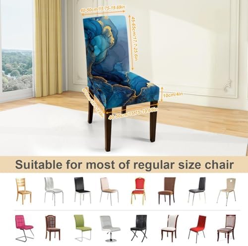 Blue Marble Chair Covers Set of 4, Stretchable Dining Chair Slipcovers with Elegant Blue & Gold Abstract Design, Washable Chair Protectors for Dining Room, Kitchen & Event Décor