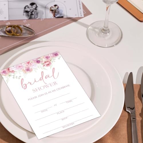 Bridal Shower Invitations, 25 Pink Floral Invites with Envelopes for Bridal Shower Reception Engagement Party, Garden Flower Wedding Party Cards - B10