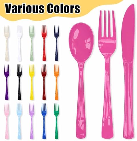 HEIPINIUYE 75 Pack Hot Pink Plastic Cutlery Heavy Duty Hot Pink Plastic Knives Forks and Spoons Disposable Silverware Set for 25 Guest Camping Birthday Baby Shower Party Cutlery Set