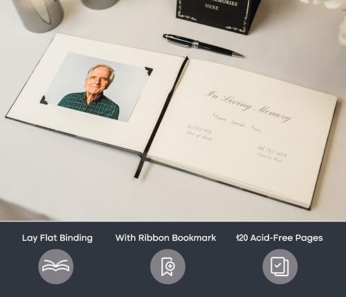 Ocean Hardcover Funeral Guest Book - 9.5 x 7 Celebration of Life Guestbook for Memorial Service with 5x7 Paper Sign, Pen, Black Photo Corner Stickers