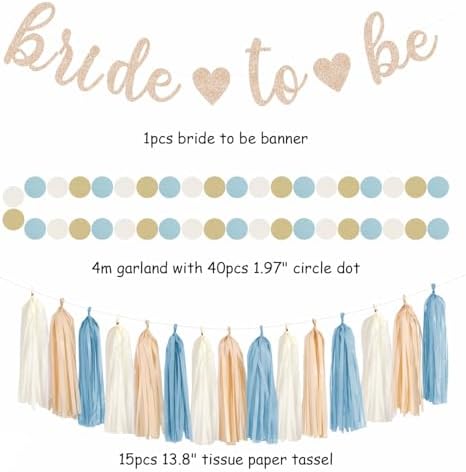 Light-Dusty Blue Beige-Champagne Bridal-Shower Party-Decorations - 31pcs Bride to Be Banner,Boho Neutral Bachelorette Paper Lanterns,Wedding Garland,Tissue Pom Poms Flower Fan Decor Supplies Burgleda