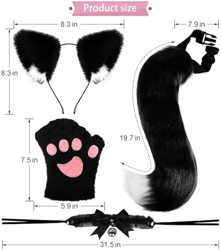 Cat Ears and Tail,Wolf Fox Ears Long Tail and Bell Lace Choker Set for Halloween,Animal Cosplay Party Costume