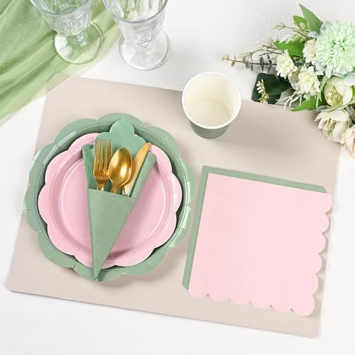 350 Pcs Sage and Pink Paper Plates and Napkins Party Supplies - Pink and Green Birthday Decoration Include Dusty Pink Sage Green Scalloped Plate Napkin Cup & Cutlery for Baby Shower, Wedding, Birthday