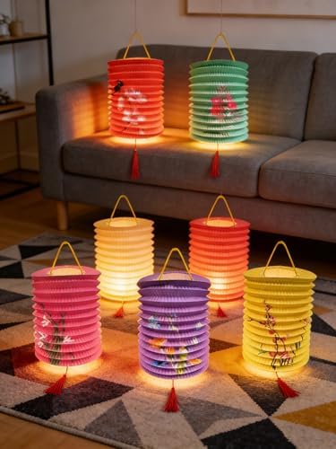 5PCS Paper Lanterns with LED Lights Valentines Day Chinese New Year'eve Spring Festival Lantern 6.3inches , Hanging Lighting Lanterns for Mid Autumn Dinner Birthday Party Decoration