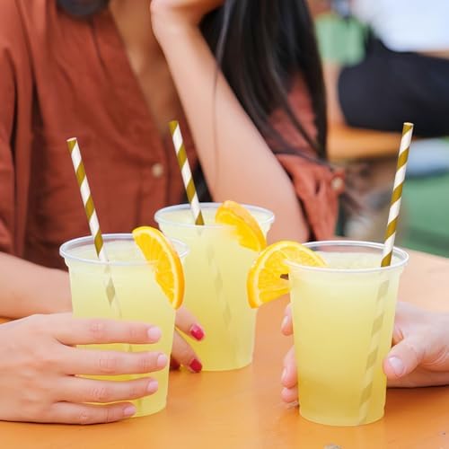 100 Packs Brown Biodegradable Striped Paper Straws, Disposable Drinking Straws for Birthday Carnival Summer Pool Party Wedding Baby Shower Halloween Christmas Party Decoration Supplies