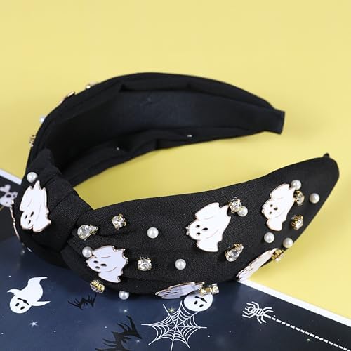 Halloween Ghost Headbands for Women Girls Spooky Beaded Crystal Rhinestone Knotted Headband Ghost Costume Hair Accessories Halloween Holiday Cosplay Party Favors