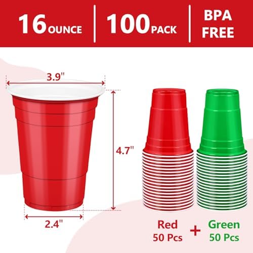 LANLISA 100Pcs Red and Green Plastic Cups, 16 oz Disposable Cups For Christmas Birthday Party Decorations