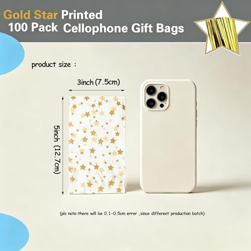 100 Pcs Star Printed 3"X 5"（7.5X12.7cm) Gift Wrap Cello Cellophane Treat Bags Party Favor bags Clear Candy Cookie Bags Plastic Poly Goodie Storage Bags with Twist Ties for Bakery,Birthday, Wedding ,Party Decorations (Gold)