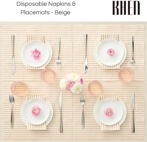 Striped Disposable Napkins & Placemats – 3-Ply Paper Tableware for Parties, BBQs, Picnics, Birthdays & Holiday Gatherings – Elegant & Absorbent Dinner Napkins with Matching Placemats - Beige Set of 50