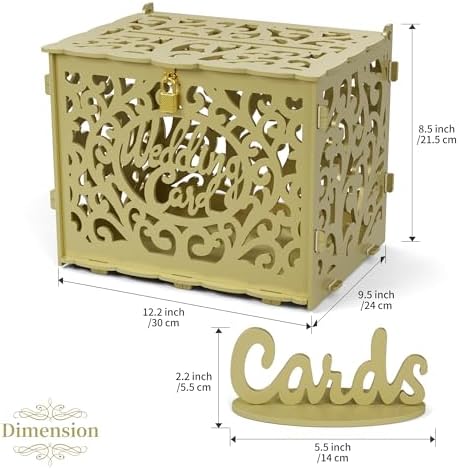Jolik Wedding Card Box with Sign, Large Rustic Locking Money Box Holder for Wedding Reception, Gift Card & Envelope Storage, DIY Anniversary & Birthday Party Decoration (Gold)