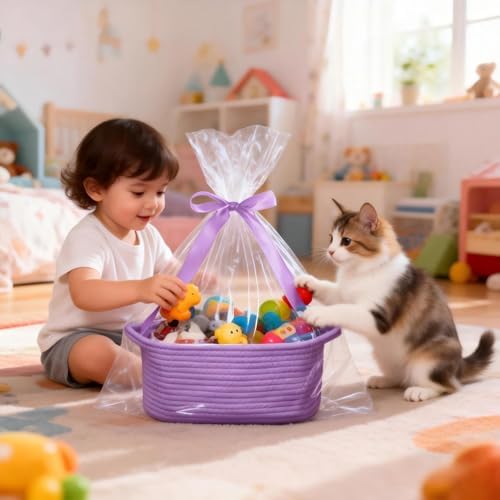 Poschnor Baby Gift Basket with Gift Bags and Ribbons, Empty Cotton Basket, Toy Storage for Baby and Pet, 12X 8 X 5 inch, Purple.