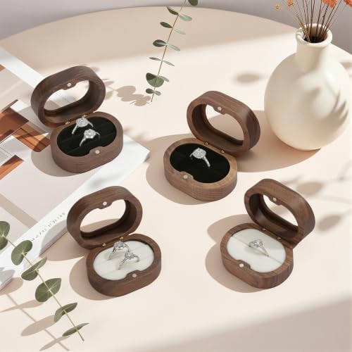KUKUVR Oval Wooden Ring Box with Clear Window, Ring Holder Box for Wedding Day Engagement Proposal, Jewelry Gift Storage Box for Women (White - 2 Slots)