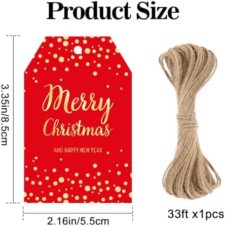 joycraft 50Pcs Christmas Tags with String, Red Merry Christmas Gift Tags