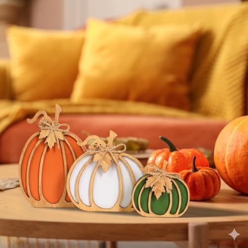 OLANRUN Fall Decorations for Home, 3-Piece Farmhouse Wooden Pumpkin Fall Decor, Handmade Crafts, Autumn Thanksgiving Decorations for Table, Tiered Tray, Mantel, Shelf, Office (4-8 Inch)