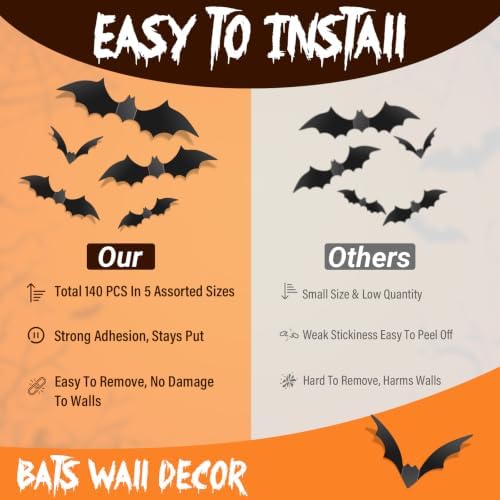 140Pcs Bats Halloween Decor, Real Scary Bat Stickers for Halloween Party
