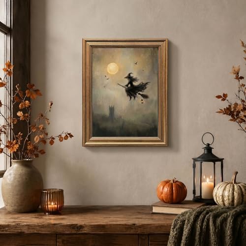Wemandh Vintage Halloween Wall Art, Gold Framed Flying Witch on Broom Canvas Print, Spooky Full Moon Castle Picture, Dark Academia Goth Room Decor for Home (12'' x 16'')