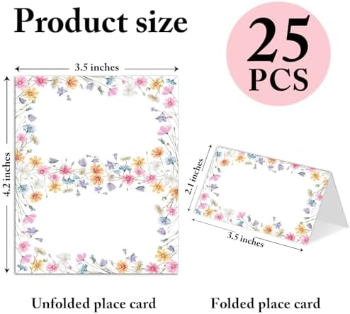 25 Pack Wildflowers Place Cards, Editable Name Cards for Table Setting, Tent Cards Food Label for Dinner Party, Bridal Shower, Wedding, Baby Shower and Events -T07