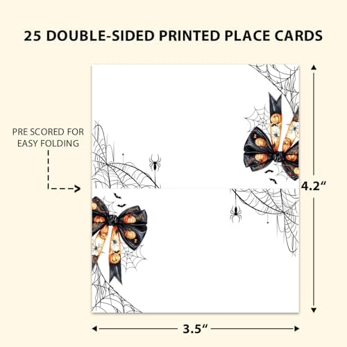 Halloween Place Cards for Table Setting, Bow Tent Cards Decor For Birthday Baby Shower Autumn Party Reception Decorations, Bridal Shower Place Card, 25 Pack Birthday Food Name Card 2 x 3.5" /031
