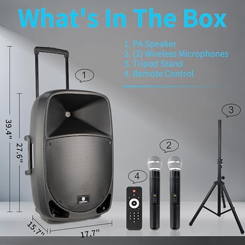 Portable 15" 1600W 2-Way Rechargeable Powered Dj PA Speaker System with Bluetooth, Rechargeable Battery, 2 Wireless Mics, USB, SD, FM Radio, Remote & Speaker Stand for Parties, Events, gigs, Outdoor
