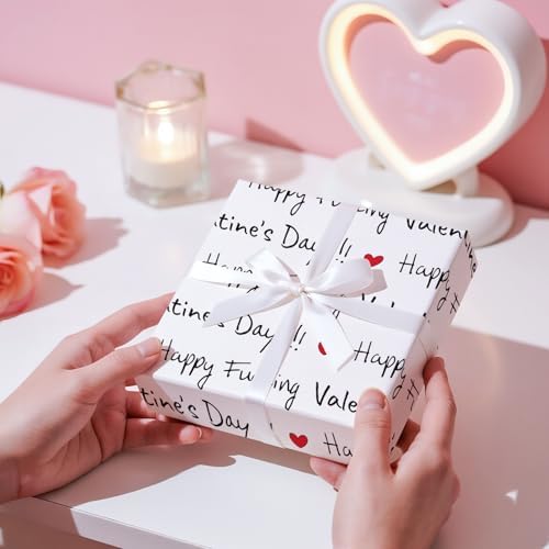 RUSPEPA Funny Valentine's Day Wrapping Paper Roll, Mini Roll, Happy F*ing Valentine's Day Lettering with Red Heart Gag Gift Wrap for Wedding, Anniversary, Birthday, Engagement, 17 Inches x 16.4 Feet