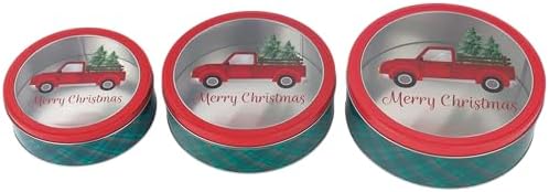 DAHO Christmas Holiday Cookie Tin Containers with Window, 3pc Nested Set, Holiday Cookie Tins with Lid for Gift Giving, Cookie, Treats, Cookies Party Favor and Gifts (Truck, Round Shape)