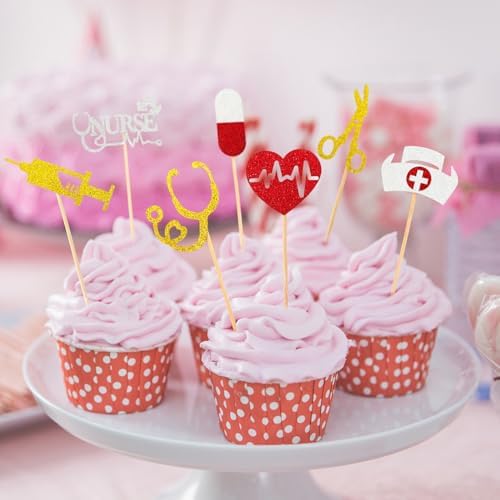 Nurse Cupcake Toppers, 24 PCS Glitter Nurses Week Cupcake Picks, Nursing School Graduation Food Picks Cupcake Toppers Cake Decorations for National Nurse Day Nursing Graduation Congrats Party Supplies