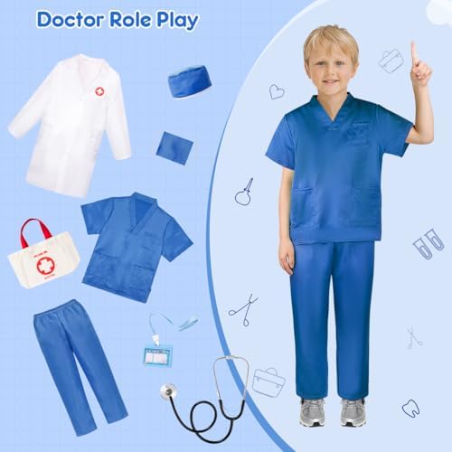 Meland Doctor Costume for Kids 3-10, Pretend Play Career Dress Up with Bag