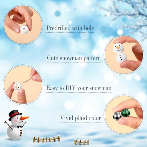 Landical 180 Piece Summer Christmas in July DIY Christmas Snowman Wooden Bead Crafts DIY Ornaments Buffalo Plaid Wood Round Bead Xmas Print Wooden Beads with Twine Scarf for Crafts(Fresh Colors)