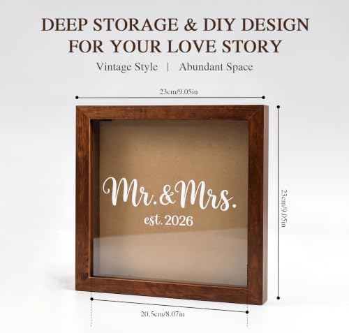 9x9 Wooden Wedding Shadow Box Frame - Mr and Mrs Est 2026 Memory Box Display Case with Clear Acrylic Window for Keepsakes, Dried Flowers, Photos - Bridal Shower, Engagement Gifts for Couples