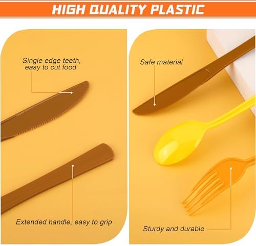 Kochorie 300 Pieces Thanksgiving Plastic Silverware Fall Heavy Duty Utensils Set Heavyweight Disposable Flatware Includes Orange Yellow Brown Spoons Forks Knives for Thanksgiving Dinner Party Supplies