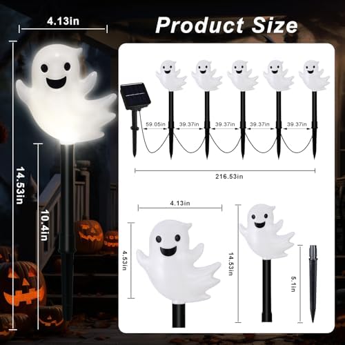 BRIGHTDECK Halloween Solar Pathway Lights Outdoor, LED Decor, Light Up Solar Stake Lights for Holiday, Halloween, Walkway, Sidewalk (Cold White Floating Ghost, 10-Pack)