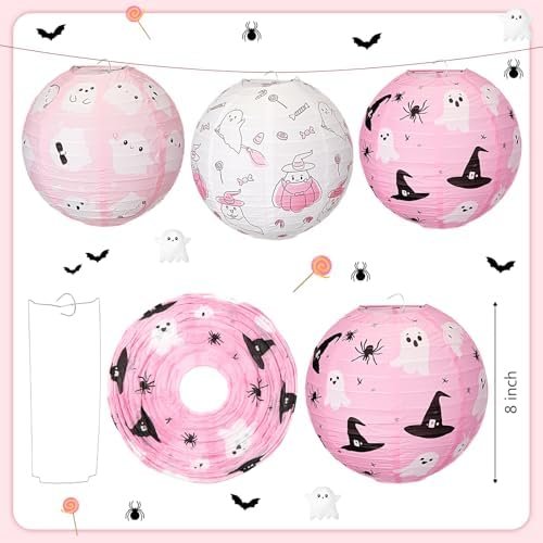 Retisee 12 Pcs 8" Pink Ghost Halloween Paper Lanterns Party Decorations
