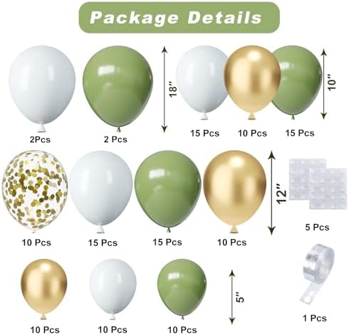Sage Green Balloons Arch Kit, 124pcs Sage Green White and Gold Balloons